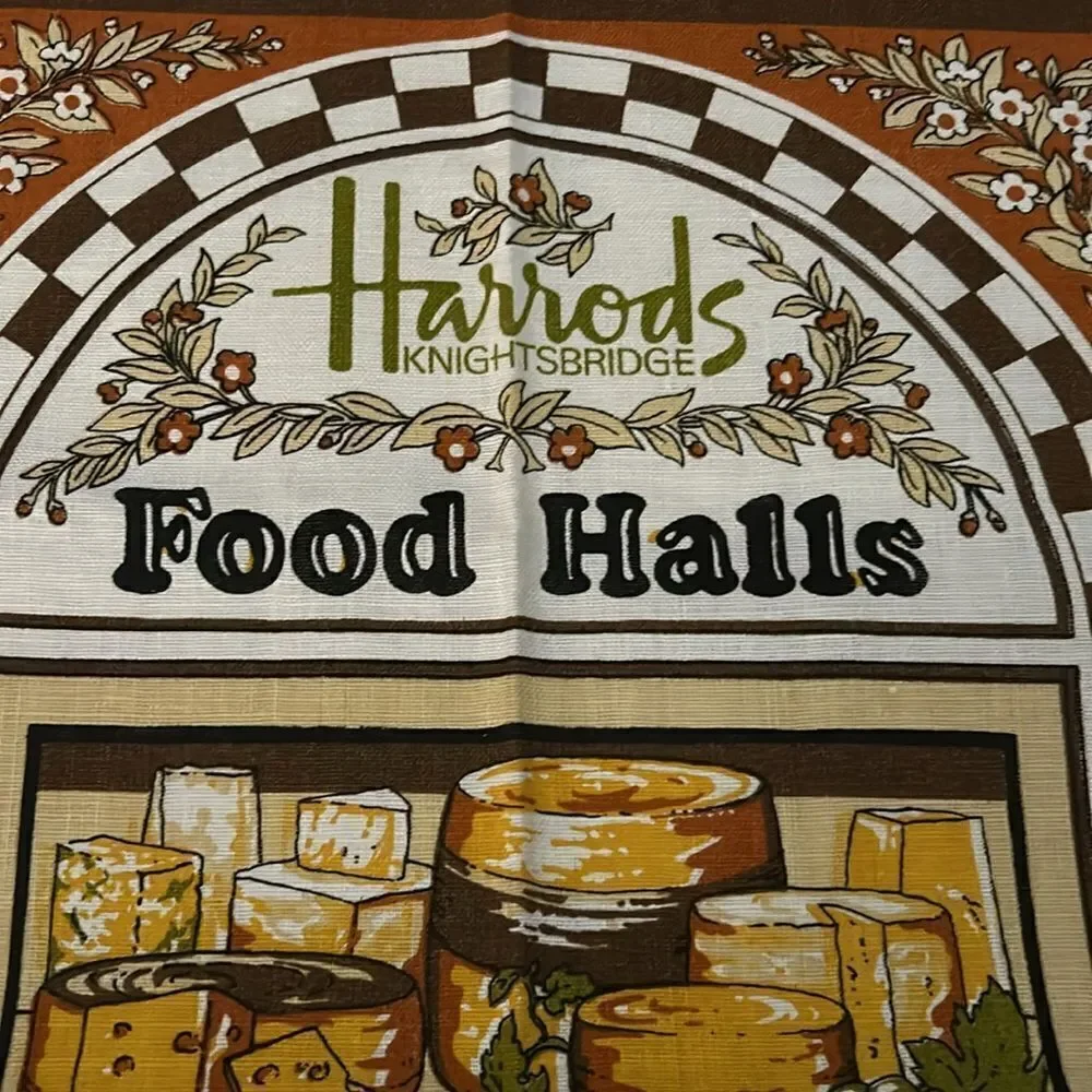 Vintage Harrods food Halls 1960s cheese tea towel Size 18 1/2” x 30”